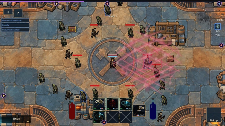 Runefall combat in the Forge, with four active skills and expansions equipped to skills, the autoattack, and the dash.