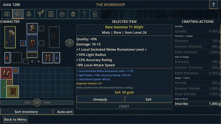 Runefall inventory and paper doll with empty equipment slots, normal gear, blue magic gear, and yellow rare gear.
