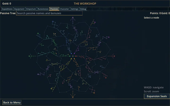 The Runefall passive tree, with colored branches connecting many different character upgrades.