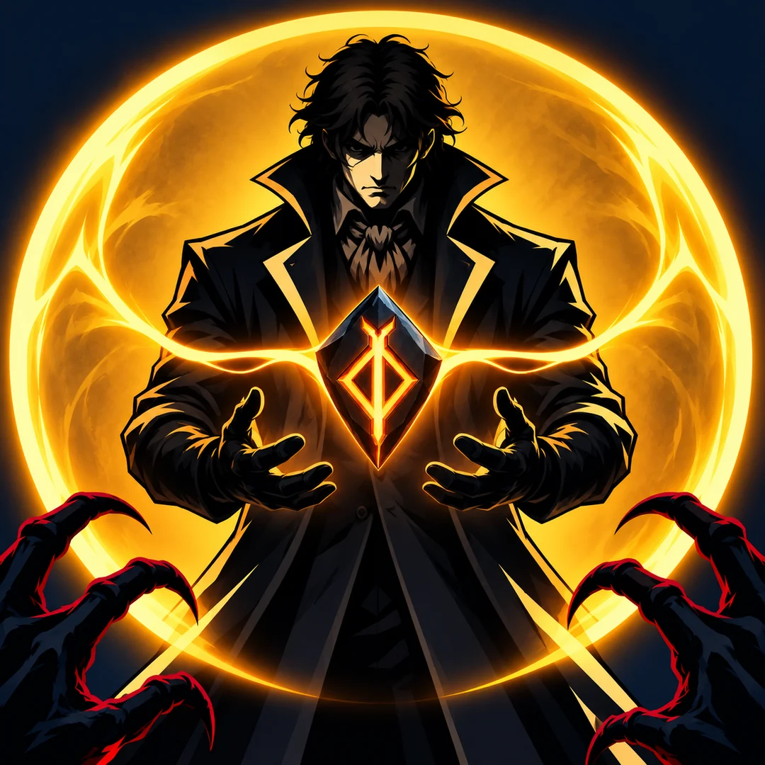 Runefall character artwork: a dark-coated hunter channels a glowing runestone into a golden protective ward.